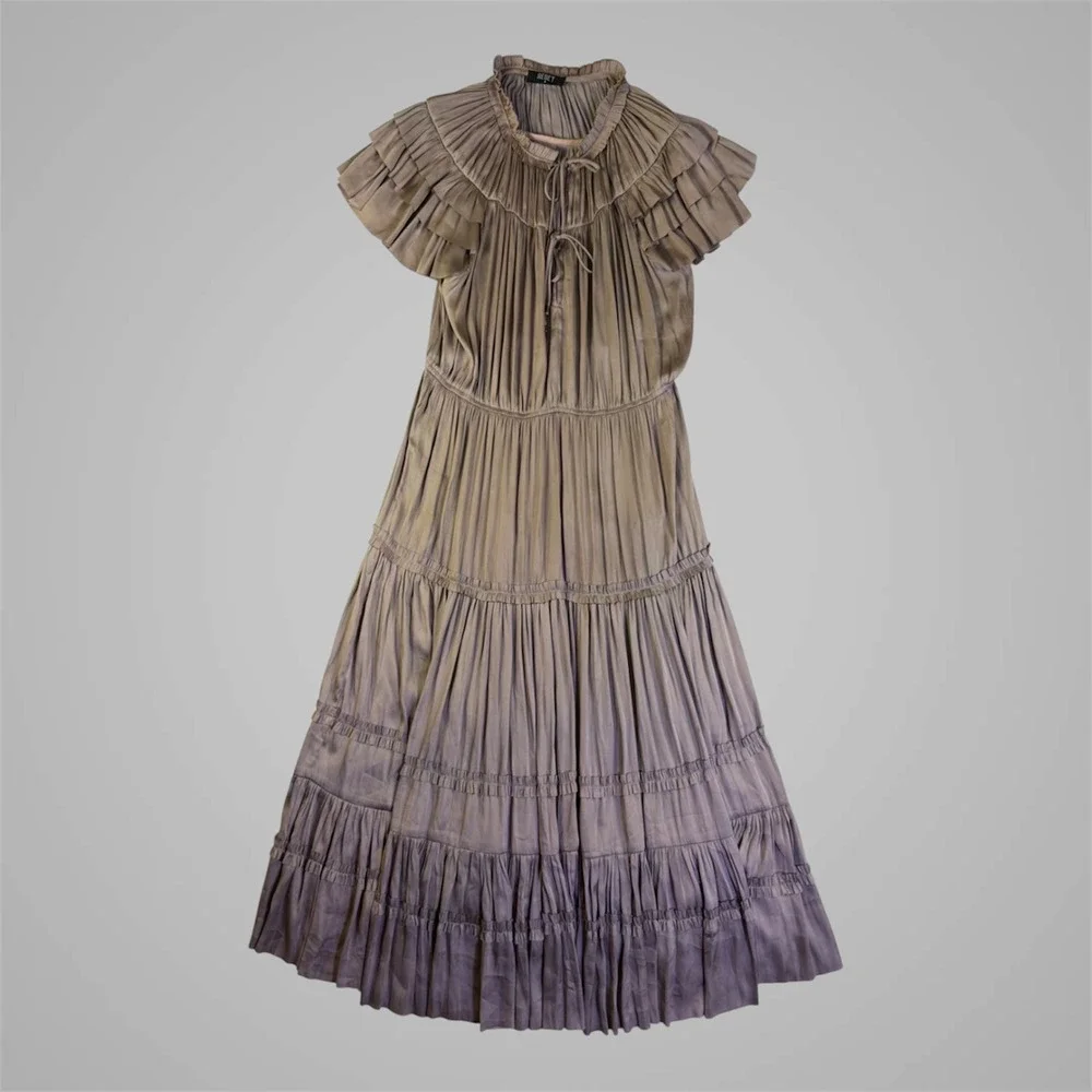 RESET Pleated Tiered Maxi Dress Medium Taupe Mushroom Satin‎ Flutter Sleeve Boho